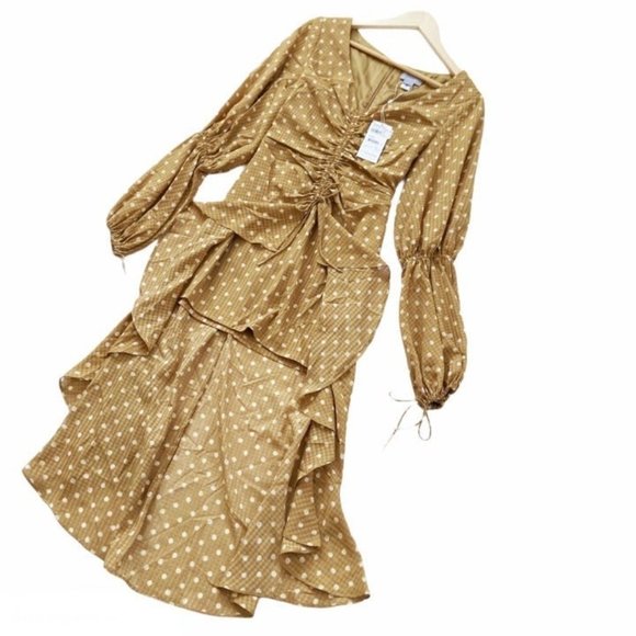 NWT Finders Keepers Rosie Tan Hi-Lo Polka Dot Ruffle Ruched Ruffle Dress S - Picture 4 of 11